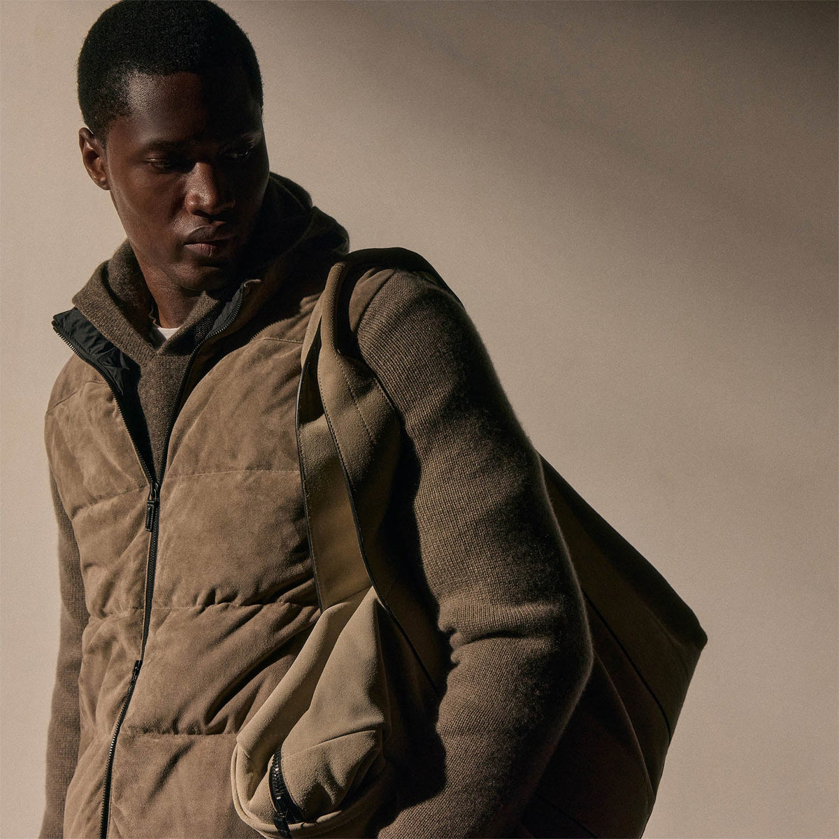 Suede Front Zip Up Sweater in Caribou | James Perse Los Angeles