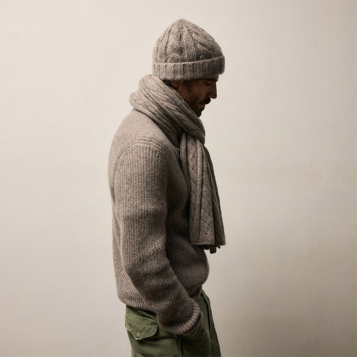 Lightweight Textured Cashmere Cable Knit Beanie in Beige Melange | James Perse Los Angeles