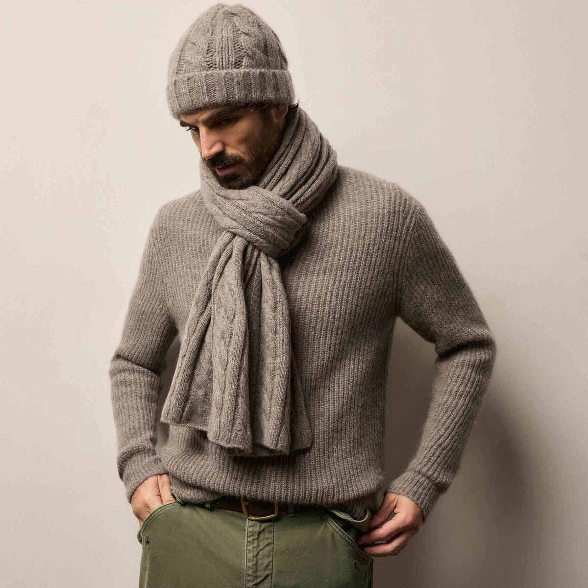 Lightweight Cashmere Cableknit Scarf in Beige Melange | James Perse Los Angeles/ Mens