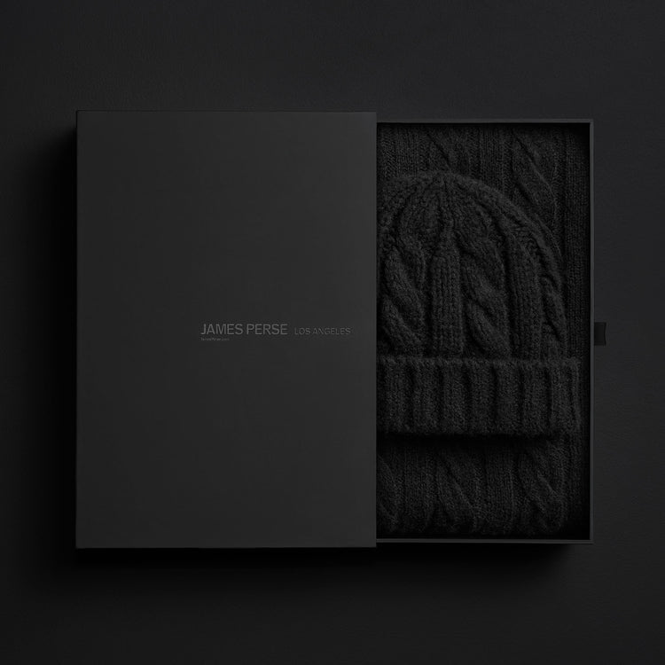 Lightweight Cashmere Cableknit Beanie & Scarf Gift Set In True Black | James Perse Los Angeles