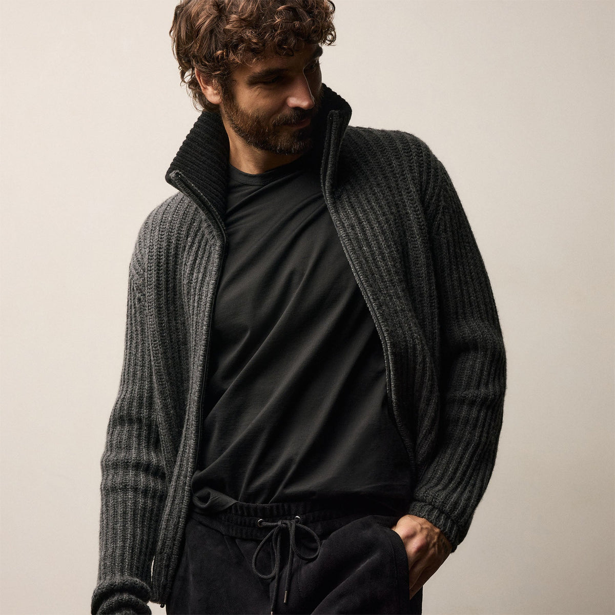 Zip Front Sweater in Anthracite/Black | James Perse Los Angeles