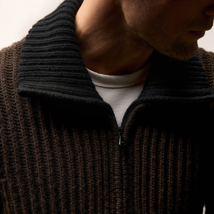 Heavy Rib Cashmere Zip Front Sweater - Kona/Black