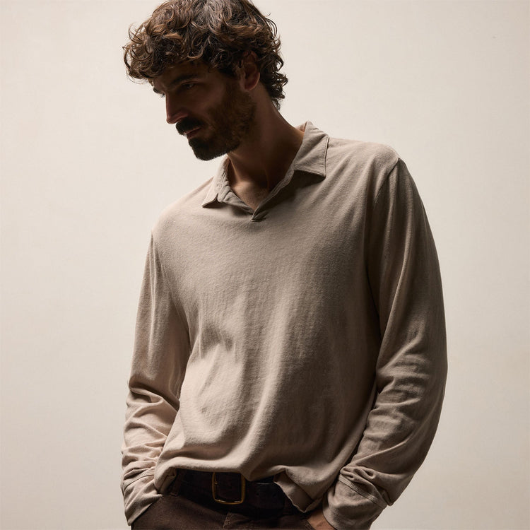 Slub Jersey Long Sleeve Open Polo in Stone Pigment | James Perse Los Angeles