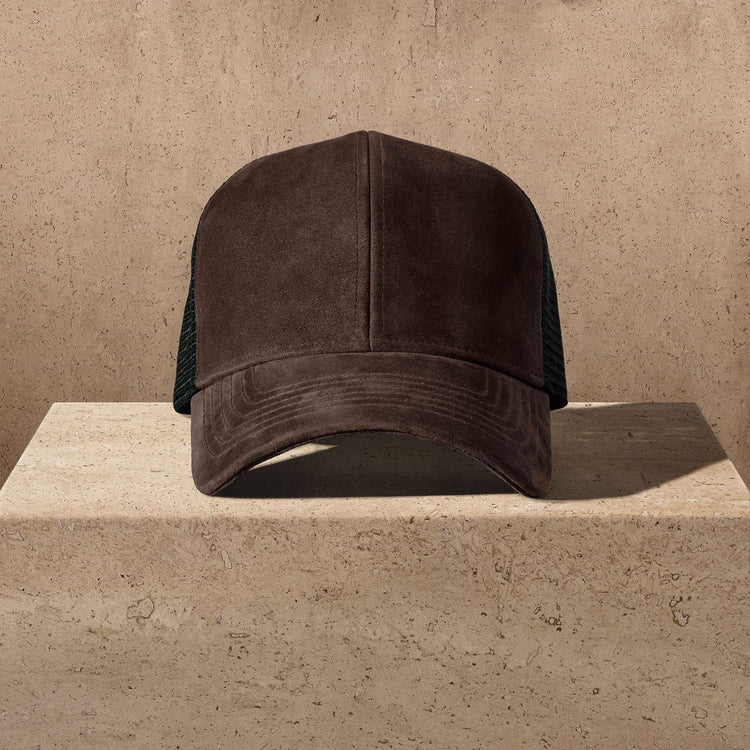 Men's Suede 6/Panel Trucker Hat in Cafe | James Perse Los Angeles