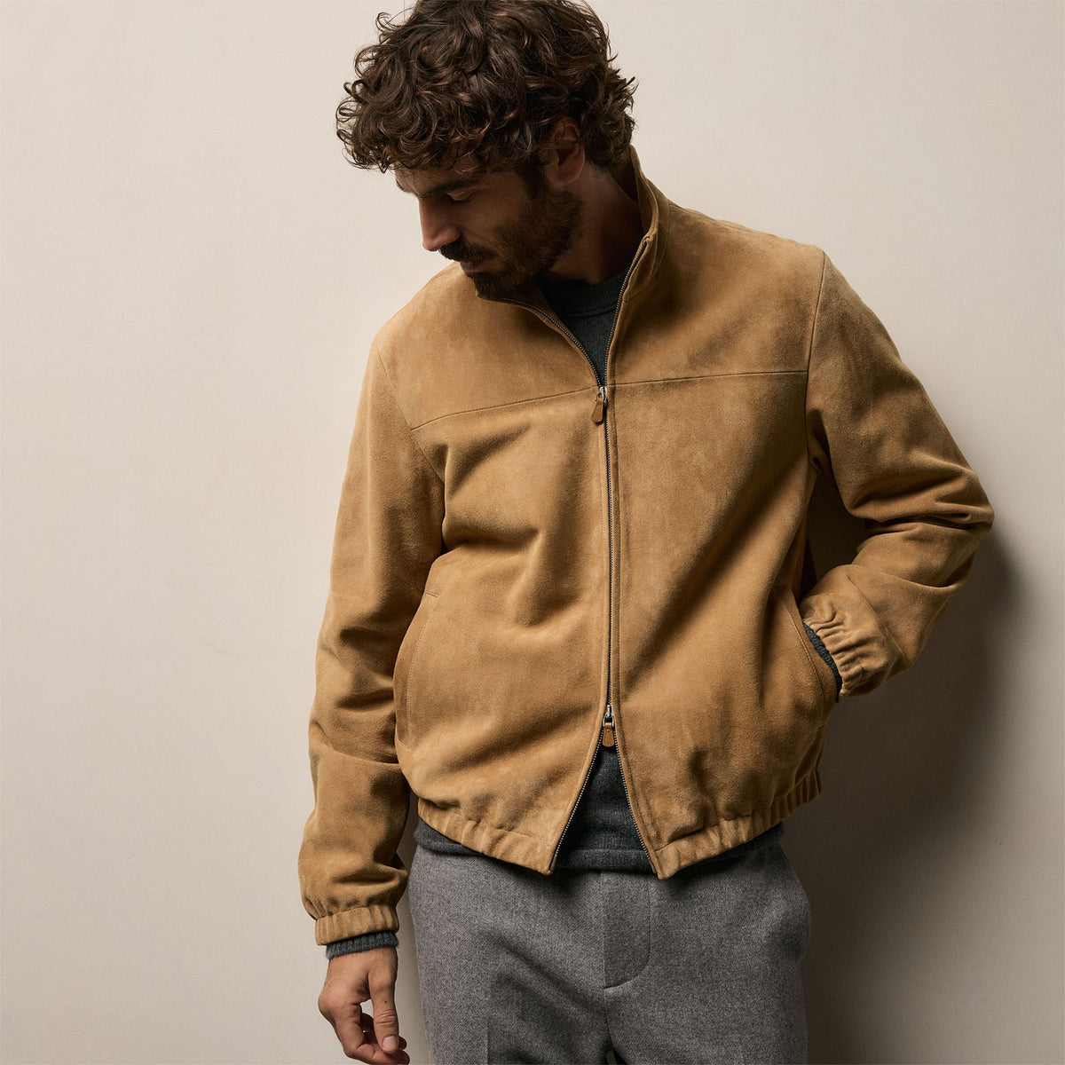 Suede Bomber Jacket in Sand | James Perse Los Angeles