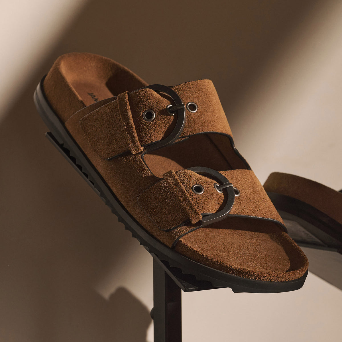 Women's Suede Double Strap Buckle Slide in Tabacco | James Perse Los Angeles