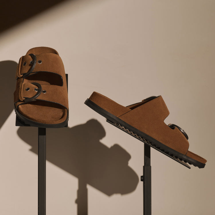 Women's Suede Double Strap Buckle Slide in Tabacco | James Perse Los Angeles