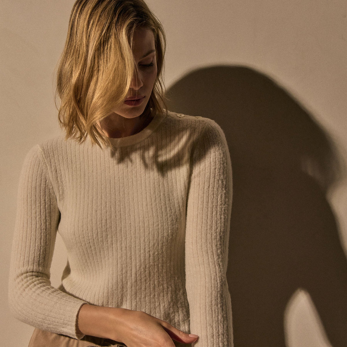 Shoulder Button Short Sleeve Sweater in Ivory | James Perse Los Angeles
