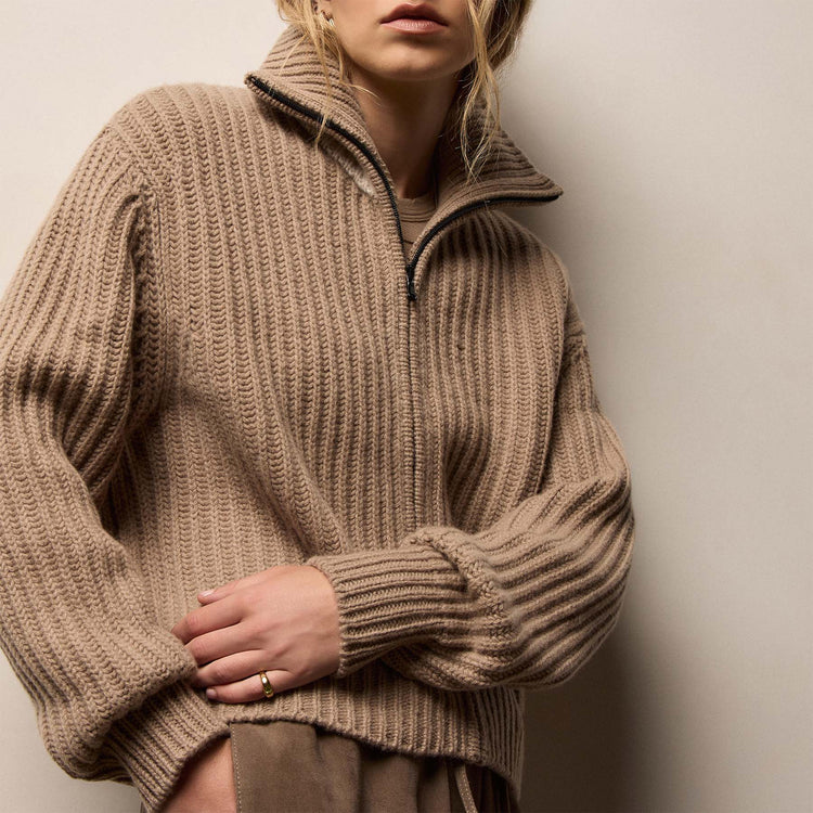 Recycled Cashmere Zip Funnel Neck in Coffee/Stucco | James Perse Los Angeles