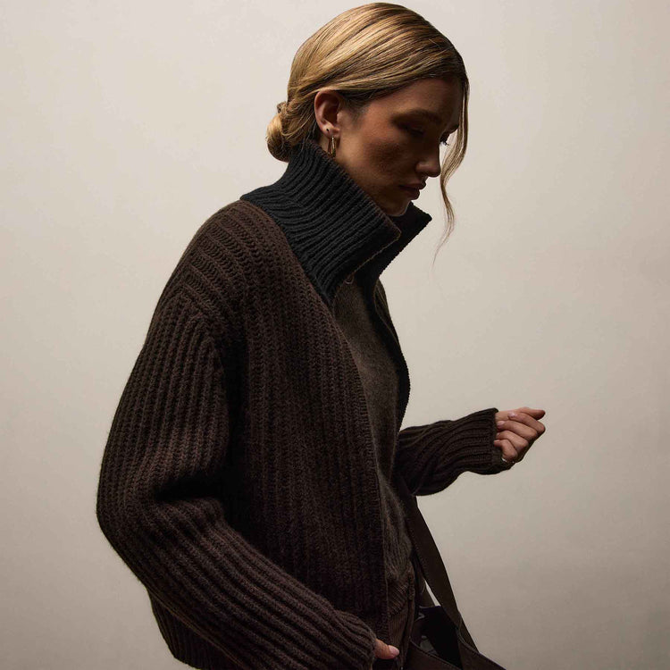 Recycled Cashmere Zip Funnel Neck In Kona/Black | James Perse Los Angeles