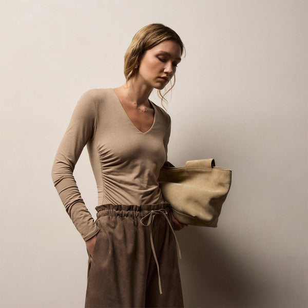 Stretch Melange Jersey Long Sleeve V Neck in Coffee | James Perse Los Angeles