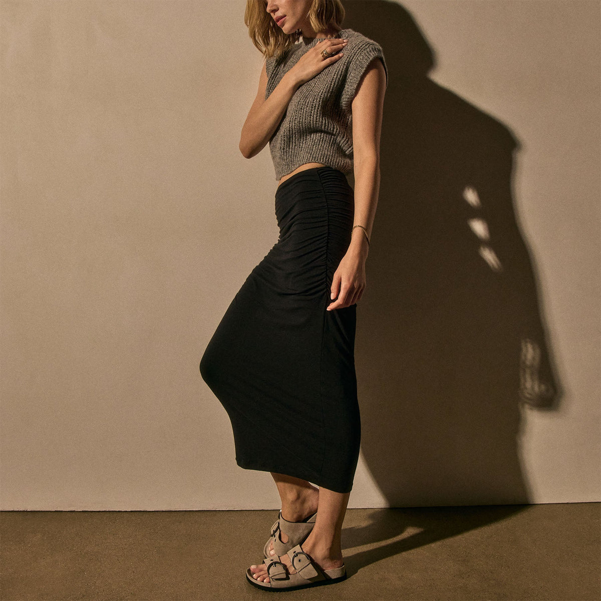 Cotton Blnd Jrsy Ruched Skirt in Black | James Perse Los Angeles