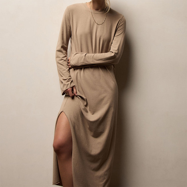 Cotton Blend Jersey Long Sleeve Dress in Coffee | James Perse Los Angeles