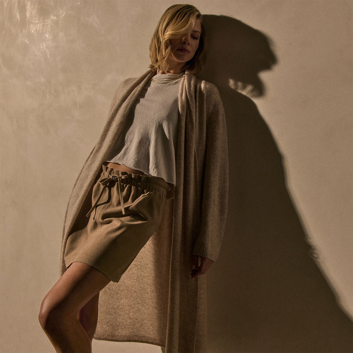 Open Knit Cashmere Cardigan in Light Beige | James Perse Los Angeles