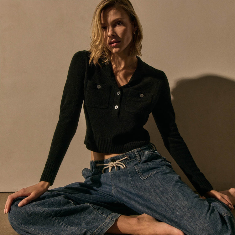 Open Knit Cashmere Polo in Black | James Perse Los Angeles