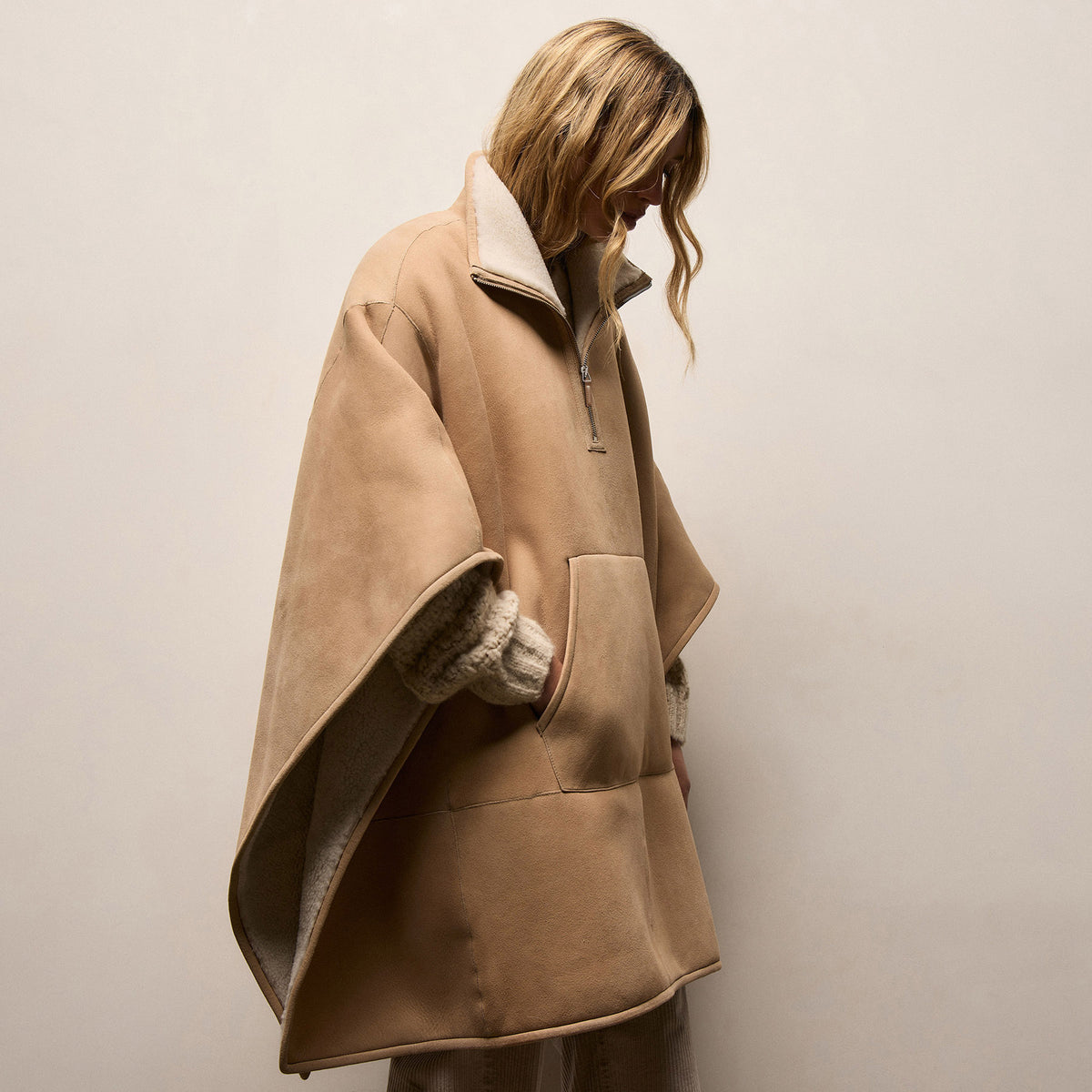 Suede Shearling Poncho - Light Caramel