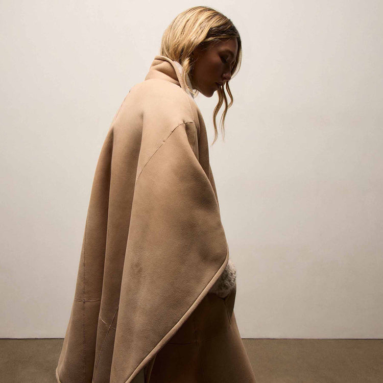 Suede Shearling Poncho In Light Caramel | James Perse Los Angeles