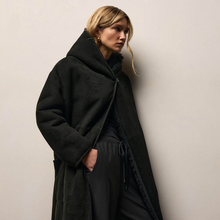 Long Suede Hooded Jacket in Black | James Perse Los Angeles